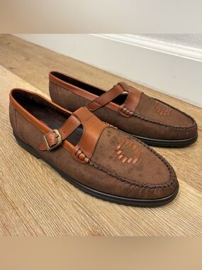 Vintage Hush Puppies Leather Loafers Shoes Brown T-Strap Casual Women’s Size 11